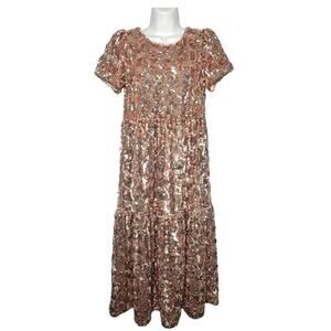 Maeve by Anthropologie Bernadette Tiered Sequin Midi Dress Rose Gold Small NWT